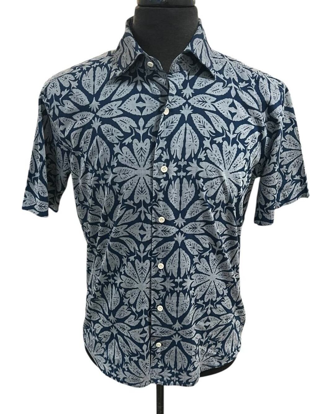 Medium Peter Millar Collection Hawaiian Button Up Shirt Blue Gray Mens Cotton